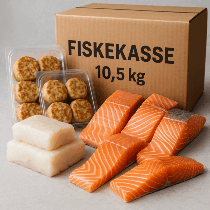 Fiskekasse 10,5 kg – 5 kg torsk + 2,5 kg laks + 3 pk hysekaker