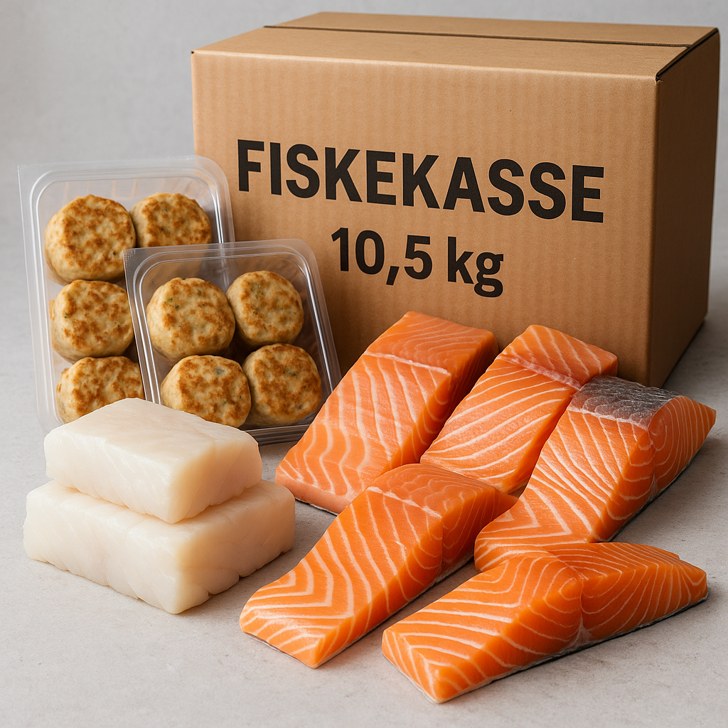 Fiskekasse 10,5 kg – 5 kg torsk + 2,5 kg laks + 3 pk hysekaker