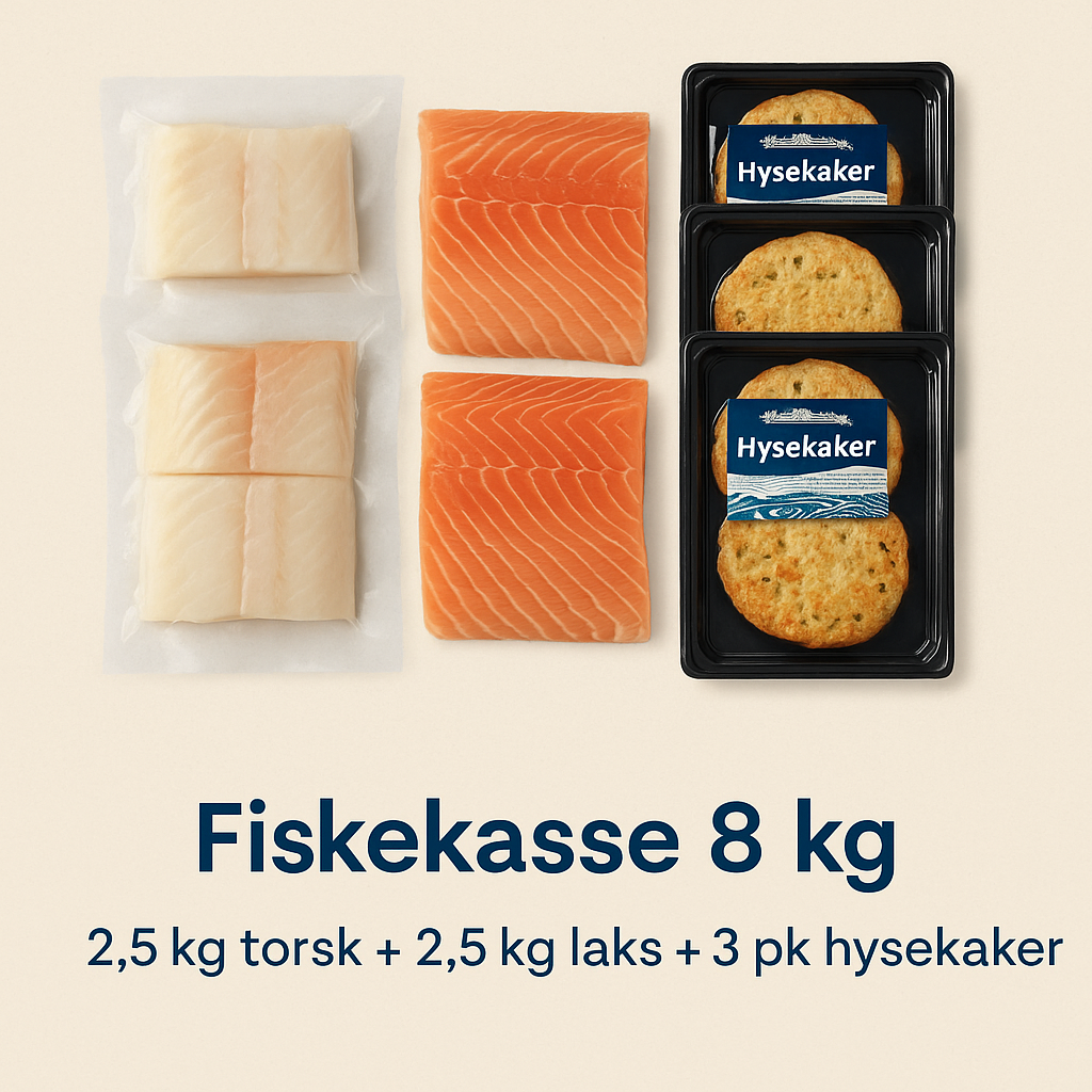 Fiskekasse 8 kg – 2,5 kg torsk + 2,5 kg laks + 3 pk hysekaker