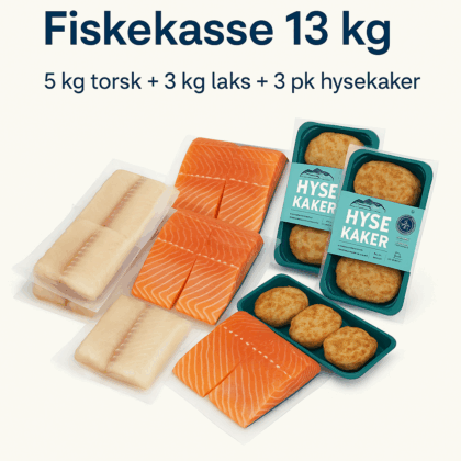 Fiskekasse 13 kg – 5 kg torsk + 3 kg laks + 3 pk hysekaker